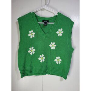 Just Polly Women's Large Green Daisy Cropped V Neck Sweater Vest